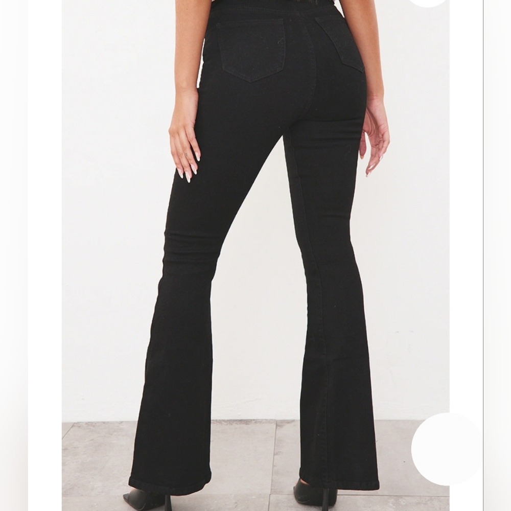 PrettyLittleThing PLT jeans women's 12 black flared high rise wide leg Y2K 70s